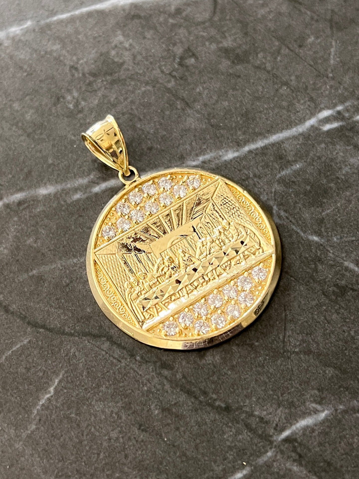 10K Authentic Yellow Gold Apostles Last Supper Charm/Pendant, Authentic, Textured Jesus Cross with Disciples Faith, Religious Diamond Cut