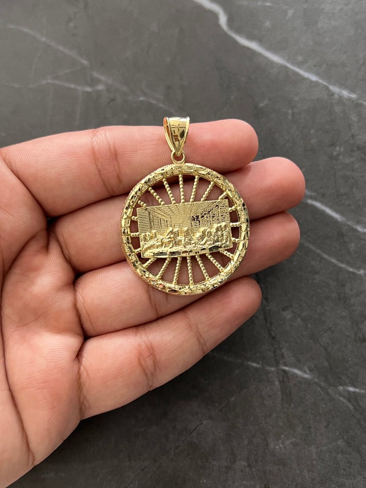 Authentic 10K Yellow Gold Last Supper Wheel Diamond Cut Nugget Style Real Gold Pendant/Charm, 10K Jesus with Disciples on Last Supper Wheel