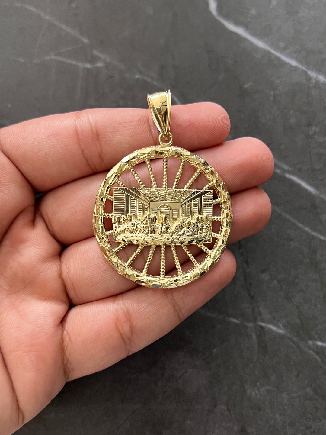 Authentic 10K Yellow Gold Last Supper Wheel Diamond Cut Nugget Style Real Gold Pendant/Charm, 10K Jesus with Disciples on Last Supper Wheel