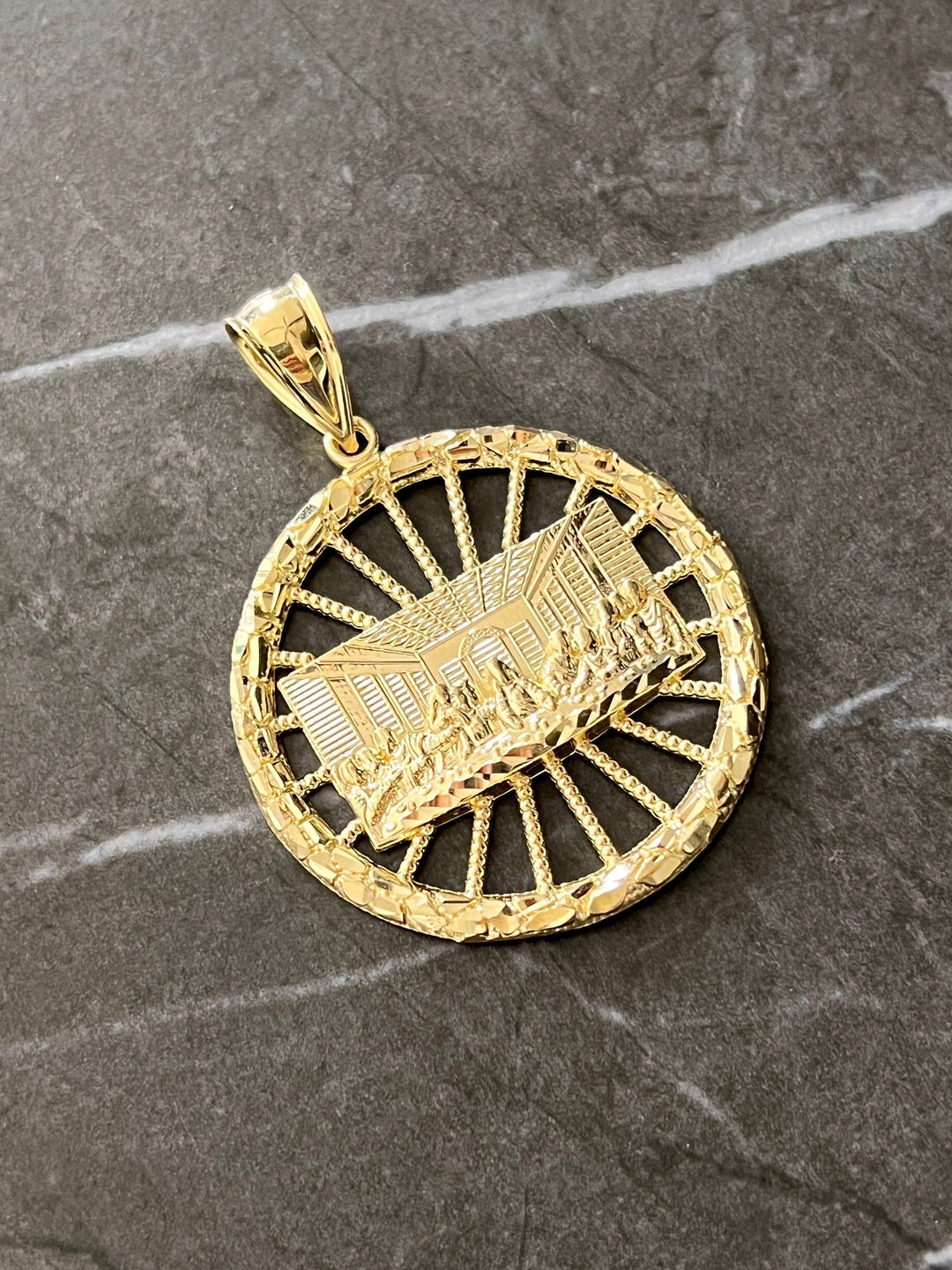 Authentic 10K Yellow Gold Last Supper Wheel Diamond Cut Nugget Style Real Gold Pendant/Charm, 10K Jesus with Disciples on Last Supper Wheel