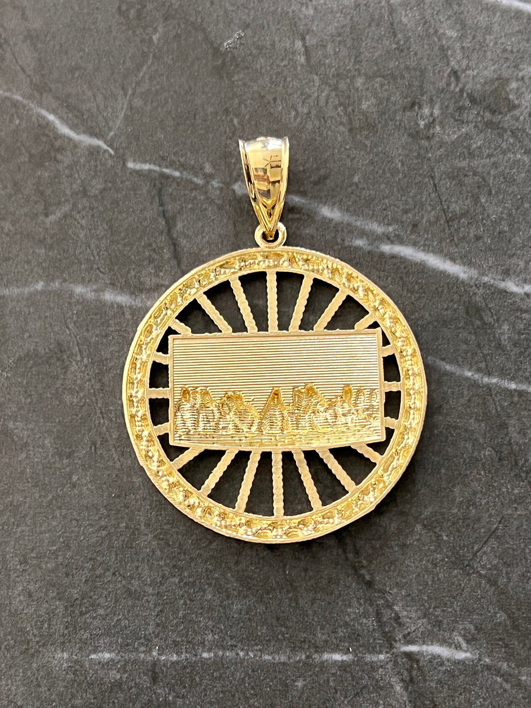 Authentic 10K Yellow Gold Last Supper Wheel Diamond Cut Nugget Style Real Gold Pendant/Charm, 10K Jesus with Disciples on Last Supper Wheel