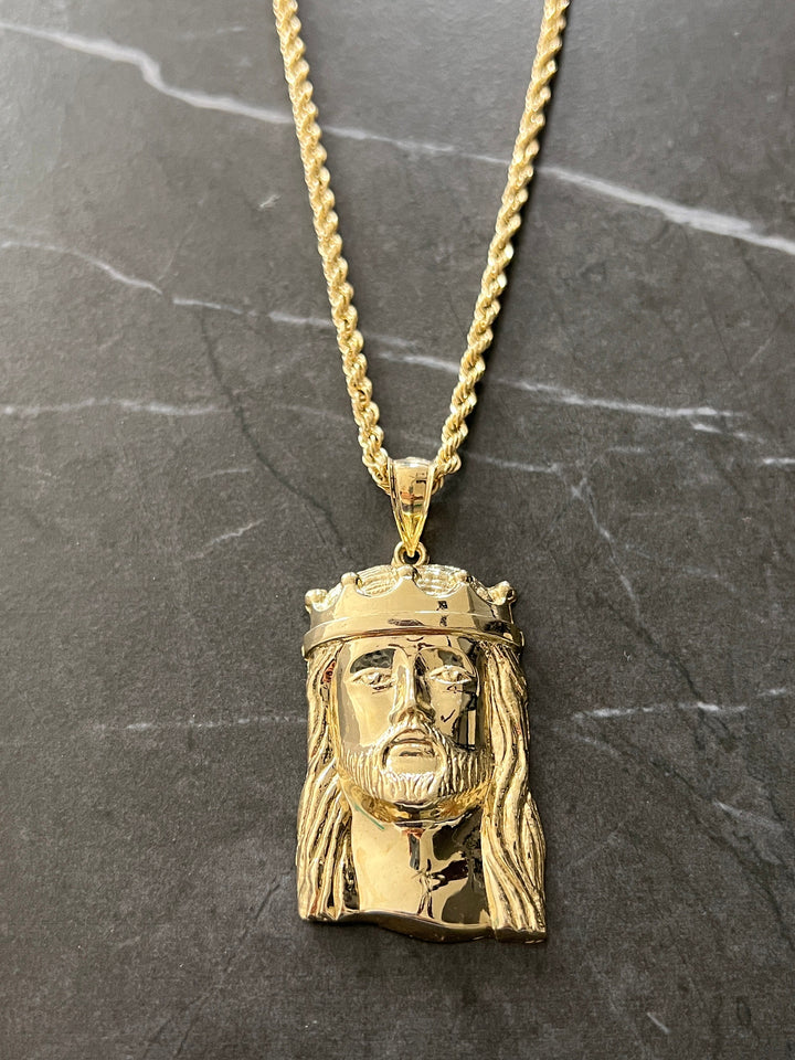 10K Authentic Yellow Gold Textured Jesus Face/Head Religious Charm/Pendant, Real Gold Religious Jewelry of the Face of Jesus with Gold Crown