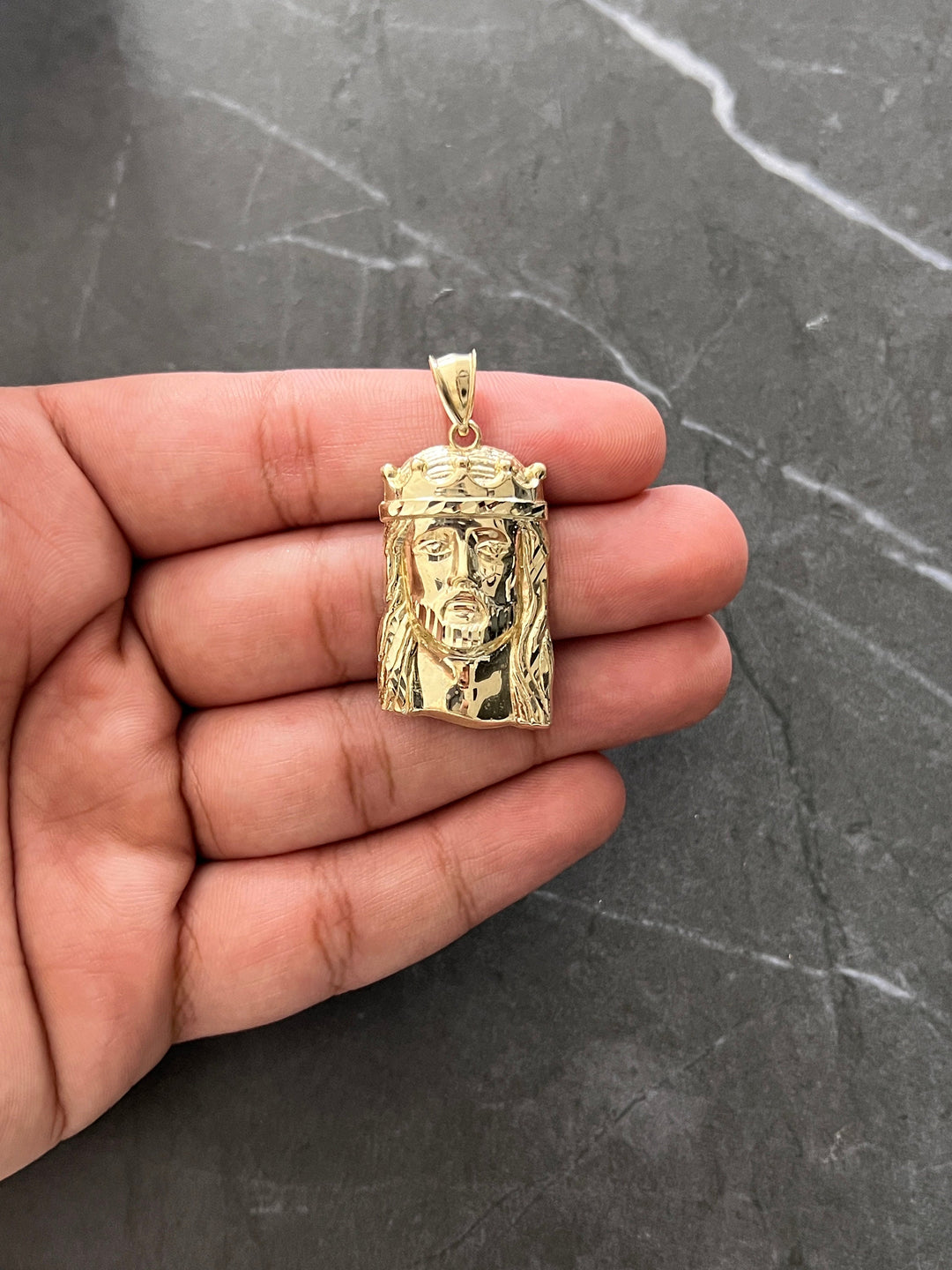 10K Authentic Yellow Gold Textured Jesus Face/Head Religious Charm/Pendant, Real Gold Religious Jewelry of the Face of Jesus with Gold Crown