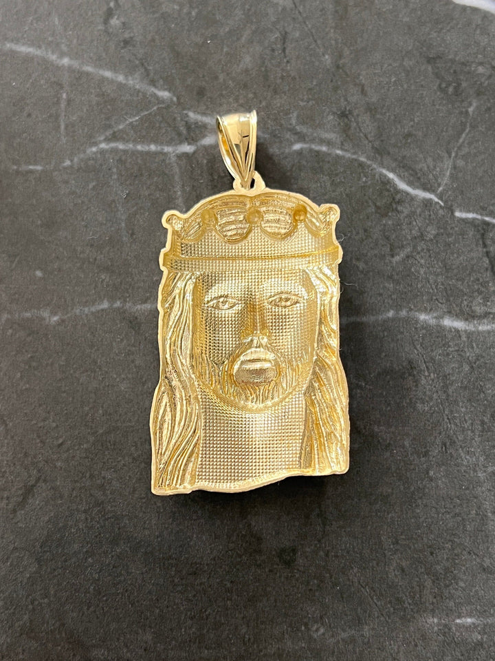 10K Authentic Yellow Gold Textured Jesus Face/Head Religious Charm/Pendant, Real Gold Religious Jewelry of the Face of Jesus with Gold Crown