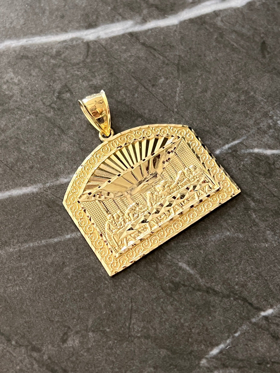 Authentic 10K Yellow Gold Diamond Cut Textured, Apostles Last Supper, Jesus Religious Medallion Charm/Pendant 10K Jesus Cross with Disciples