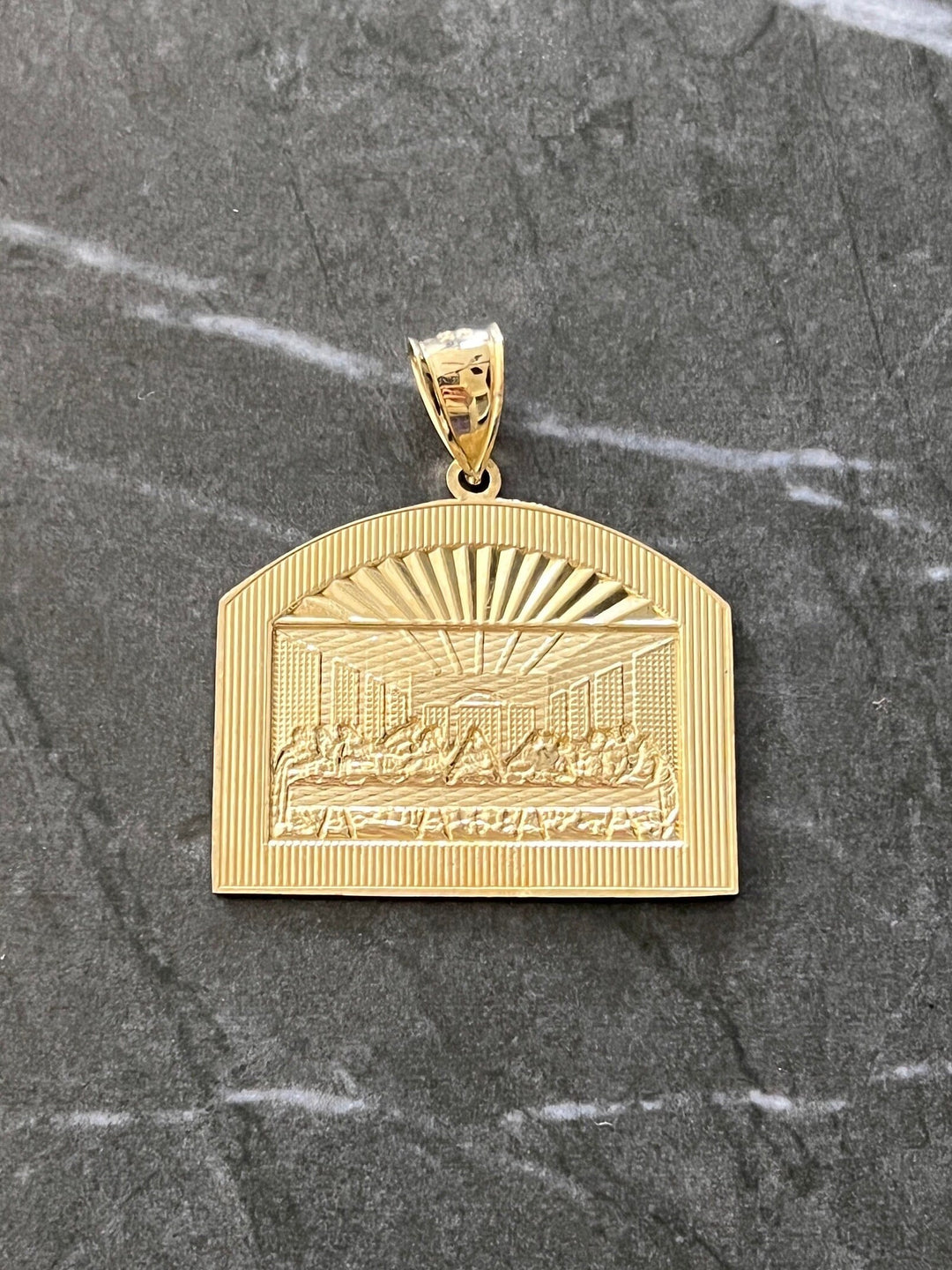 Authentic 10K Yellow Gold Diamond Cut Textured, Apostles Last Supper, Jesus Religious Medallion Charm/Pendant 10K Jesus Cross with Disciples