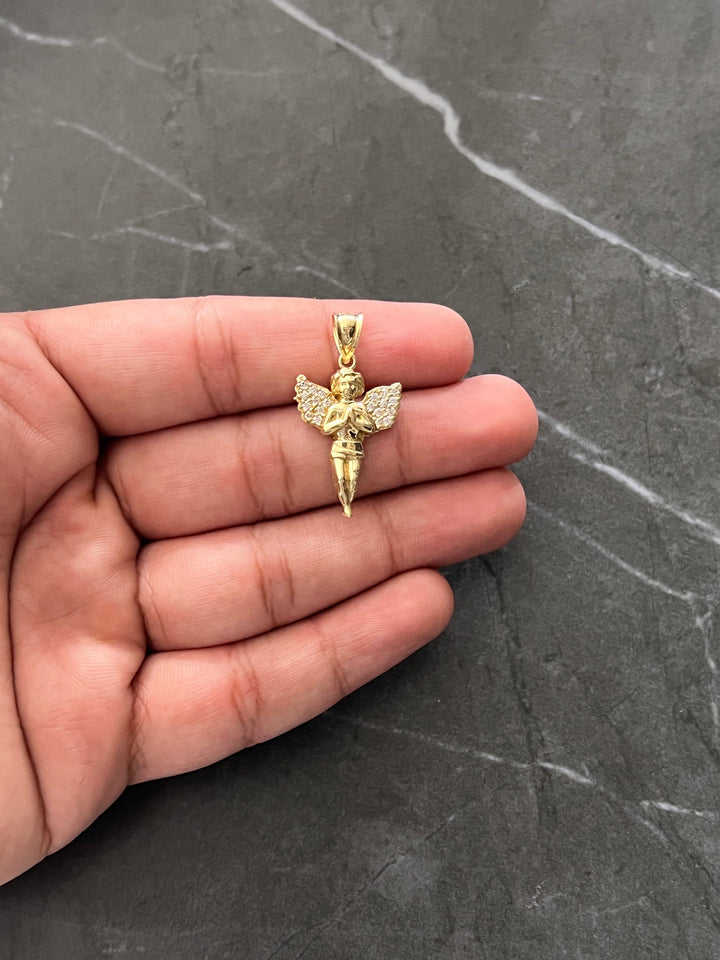 Authentic 10K Gold Guardian, Praying Baby Angel Pendant Bold Wings Charm/Pendant, Diamond Cut Solid 10K Gold Always be with You Angel Charm