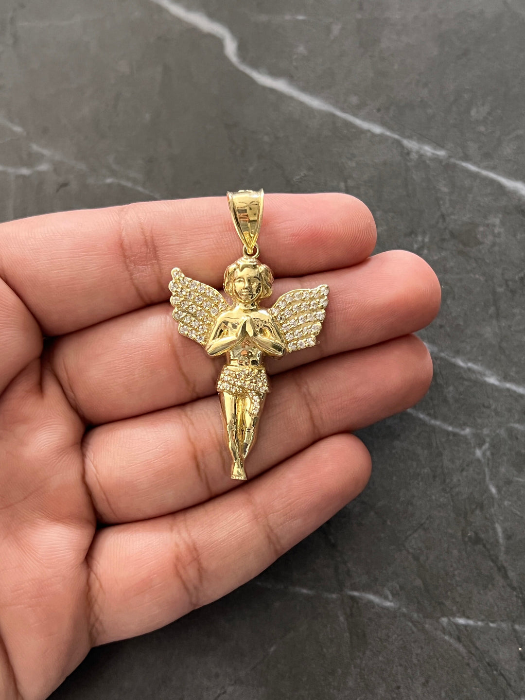 Authentic 10K Gold Guardian, Praying Baby Angel Pendant Bold Wings Charm/Pendant, Diamond Cut Solid 10K Gold Always be with You Angel Charm