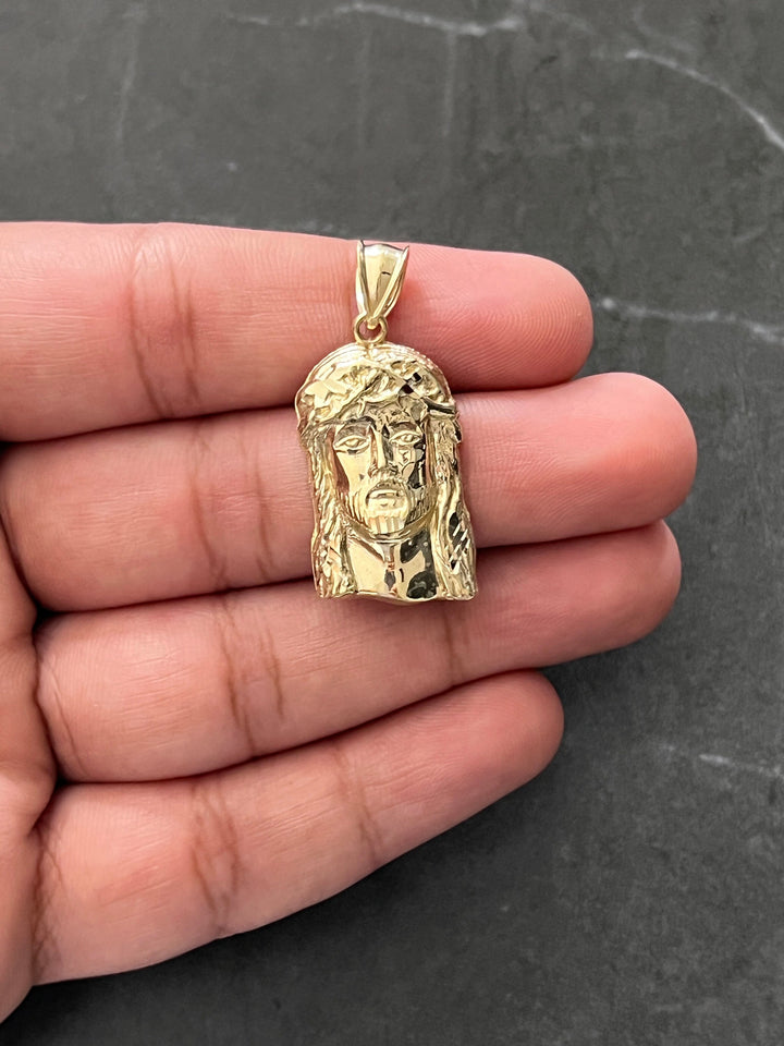 Authentic 10K Yellow Gold Textured Diamond Cut Religious Jesus Face/Head Amulet Charm/Pendant, "the Face of Jesus will Always be with You"