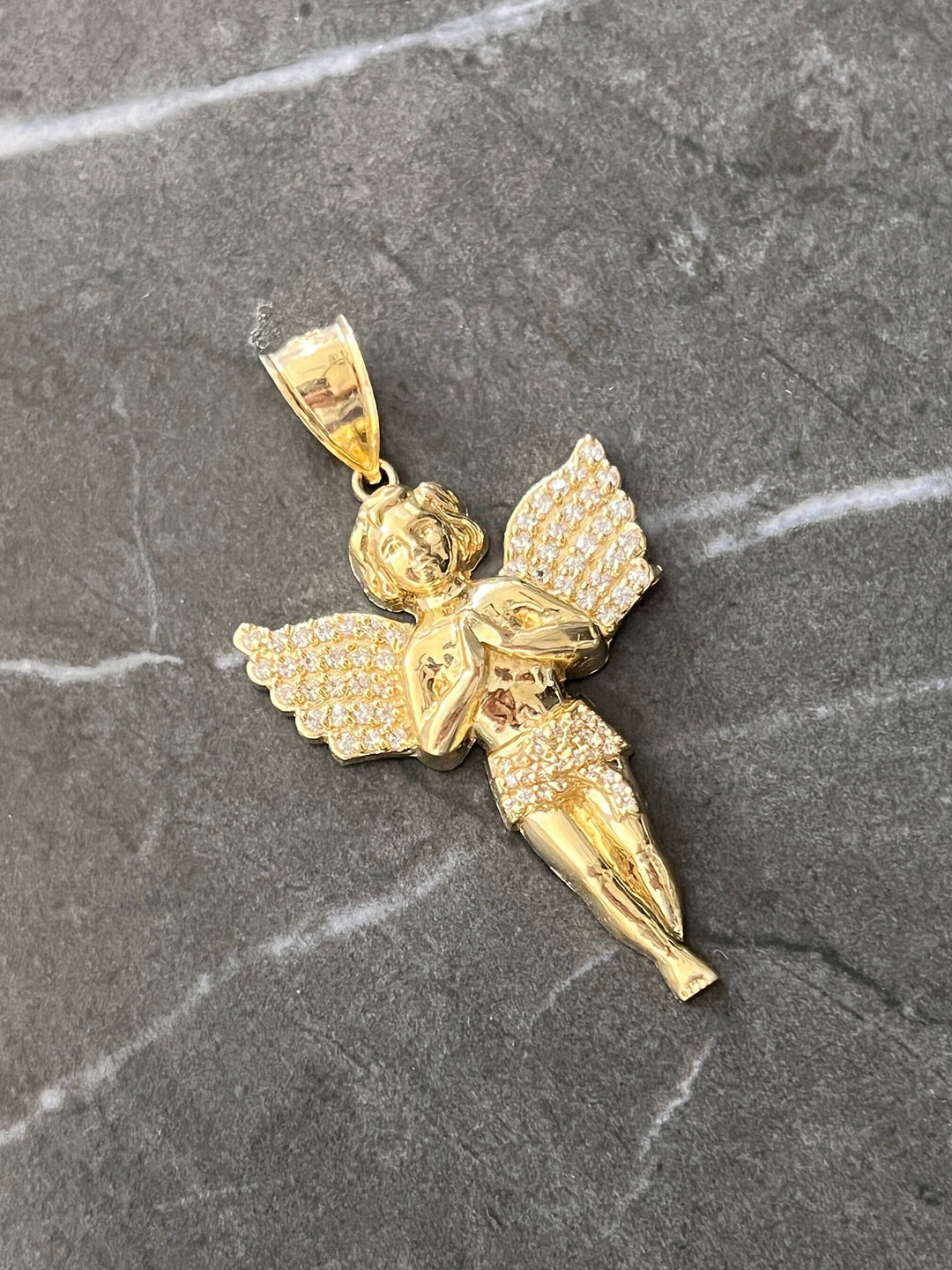 Authentic 10K Gold Guardian, Praying Baby Angel Pendant Bold Wings Charm/Pendant, Diamond Cut Solid 10K Gold Always be with You Angel Charm