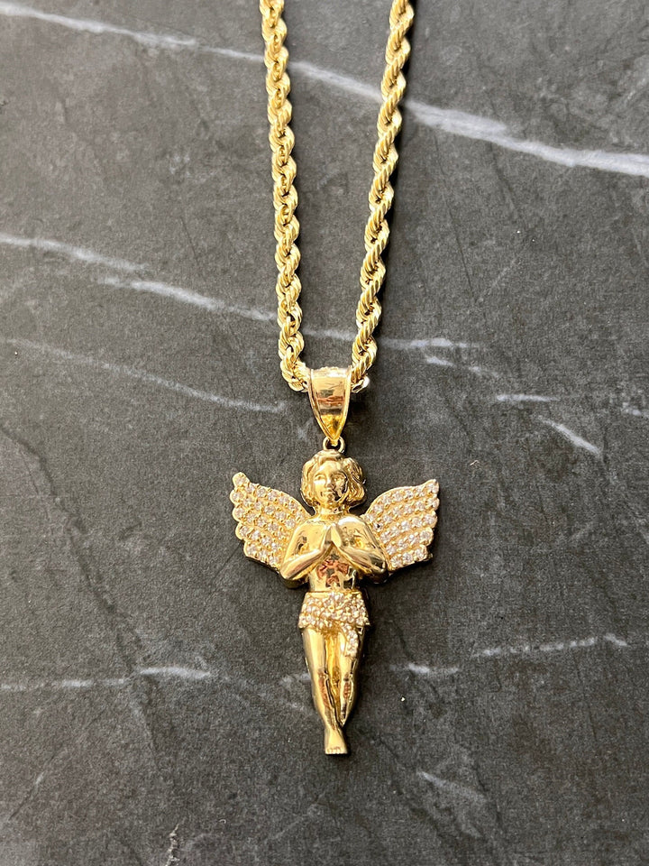 Authentic 10K Gold Guardian, Praying Baby Angel Pendant Bold Wings Charm/Pendant, Diamond Cut Solid 10K Gold Always be with You Angel Charm