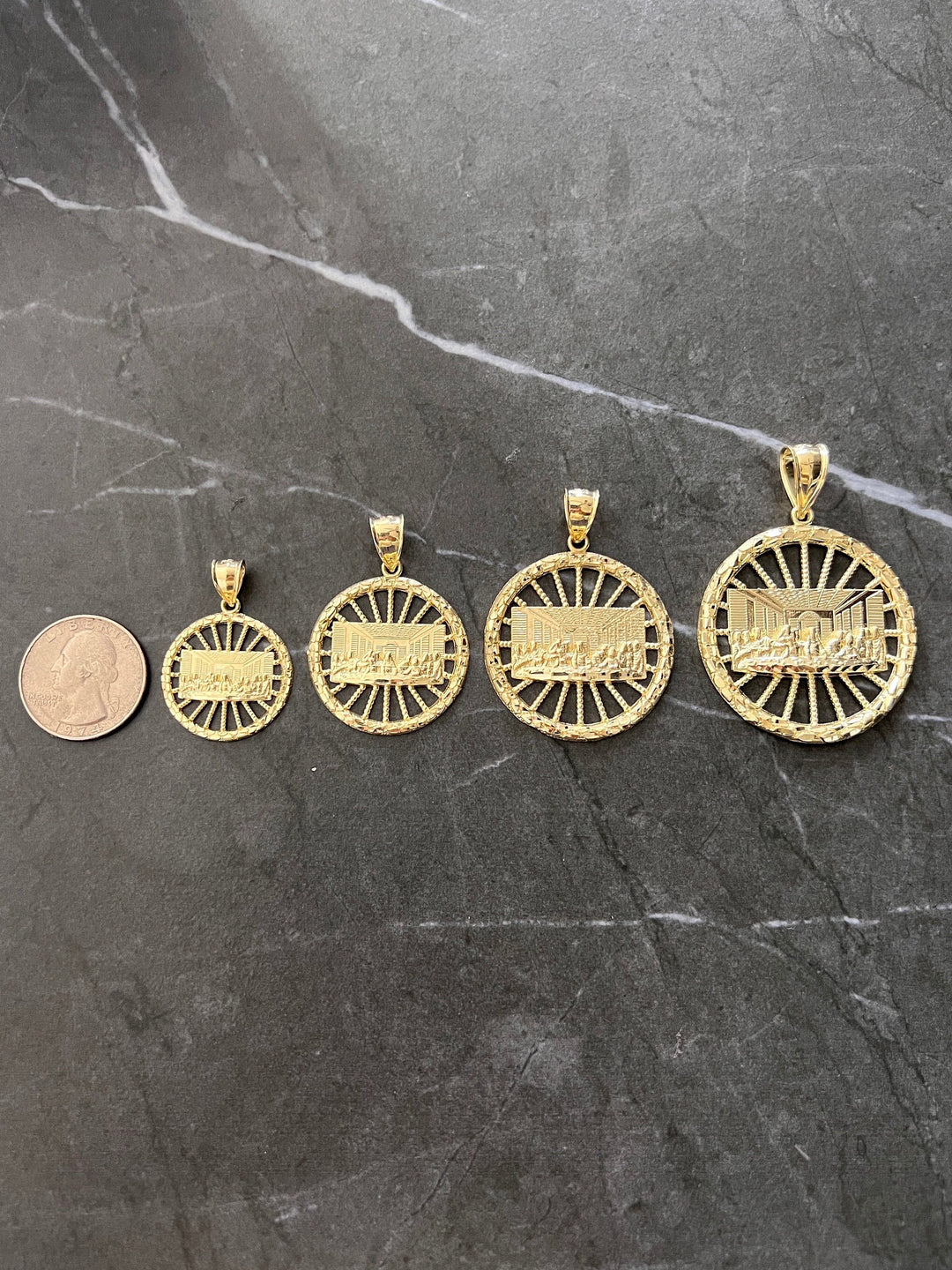 Authentic 10K Yellow Gold Last Supper Wheel Diamond Cut Nugget Style Real Gold Pendant/Charm, 10K Jesus with Disciples on Last Supper Wheel