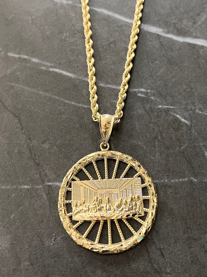 Authentic 10K Yellow Gold Last Supper Wheel Diamond Cut Nugget Style Real Gold Pendant/Charm, 10K Jesus with Disciples on Last Supper Wheel