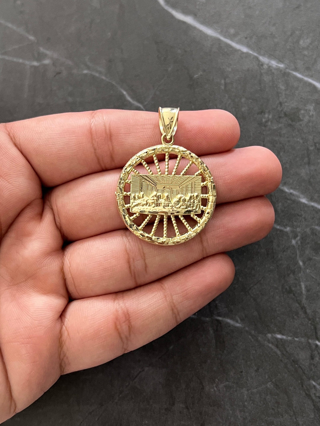 Authentic 10K Yellow Gold Last Supper Wheel Diamond Cut Nugget Style Real Gold Pendant/Charm, 10K Jesus with Disciples on Last Supper Wheel