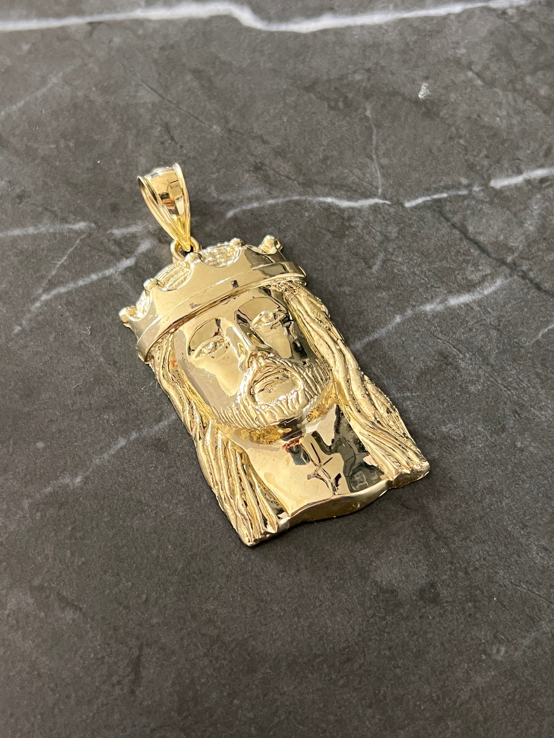 10K Authentic Yellow Gold Textured Jesus Face/Head Religious Charm/Pendant, Real Gold Religious Jewelry of the Face of Jesus with Gold Crown