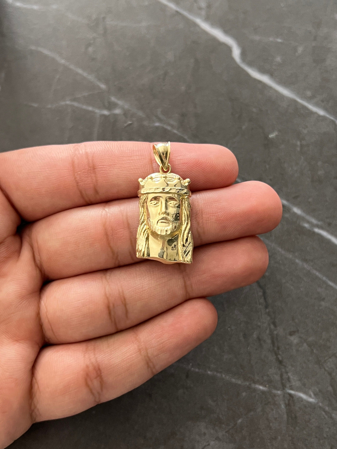 10K Authentic Yellow Gold Textured Jesus Face/Head Religious Charm/Pendant, Real Gold Religious Jewelry of the Face of Jesus with Gold Crown