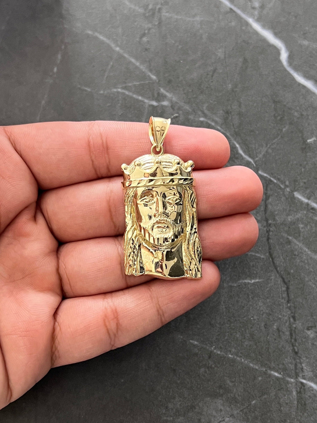 10K Authentic Yellow Gold Textured Jesus Face/Head Religious Charm/Pendant, Real Gold Religious Jewelry of the Face of Jesus with Gold Crown