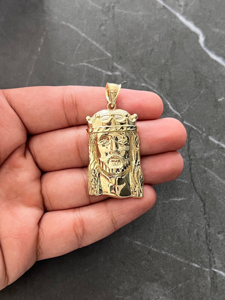 10K Authentic Yellow Gold Textured Jesus Face/Head Religious Charm/Pendant, Real Gold Religious Jewelry of the Face of Jesus with Gold Crown