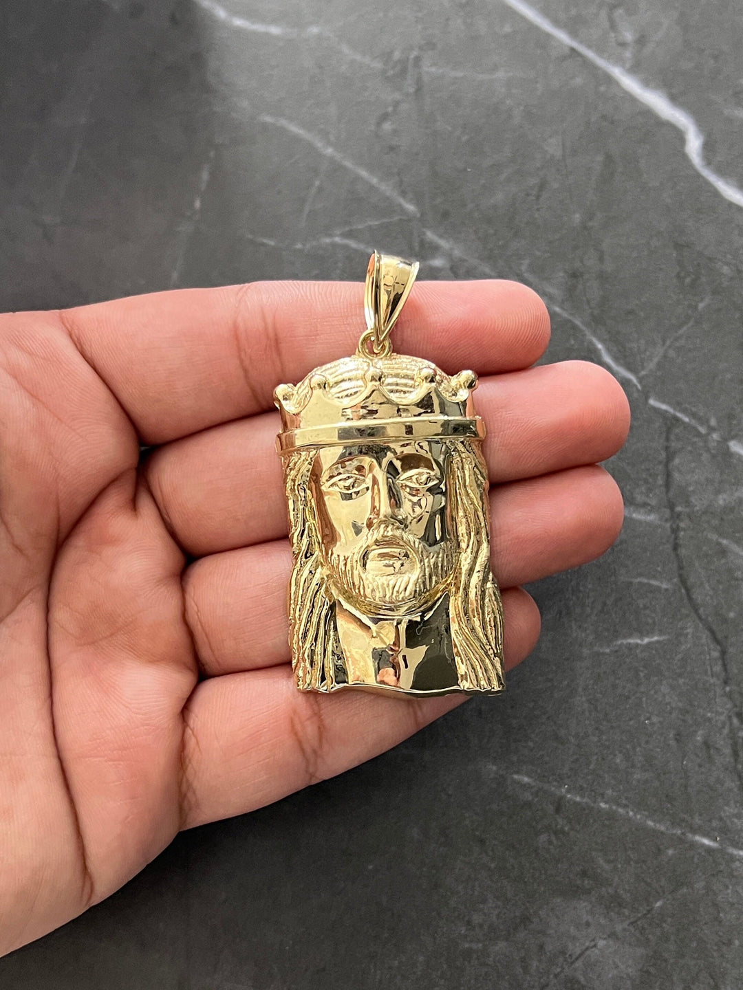 10K Authentic Yellow Gold Textured Jesus Face/Head Religious Charm/Pendant, Real Gold Religious Jewelry of the Face of Jesus with Gold Crown