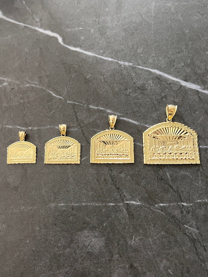 Authentic 10K Yellow Gold Diamond Cut Textured, Apostles Last Supper, Jesus Religious Medallion Charm/Pendant 10K Jesus Cross with Disciples