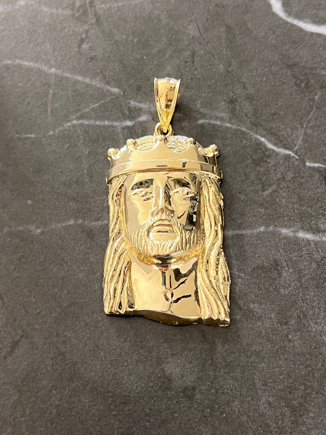 10K Authentic Yellow Gold Textured Jesus Face/Head Religious Charm/Pendant, Real Gold Religious Jewelry of the Face of Jesus with Gold Crown